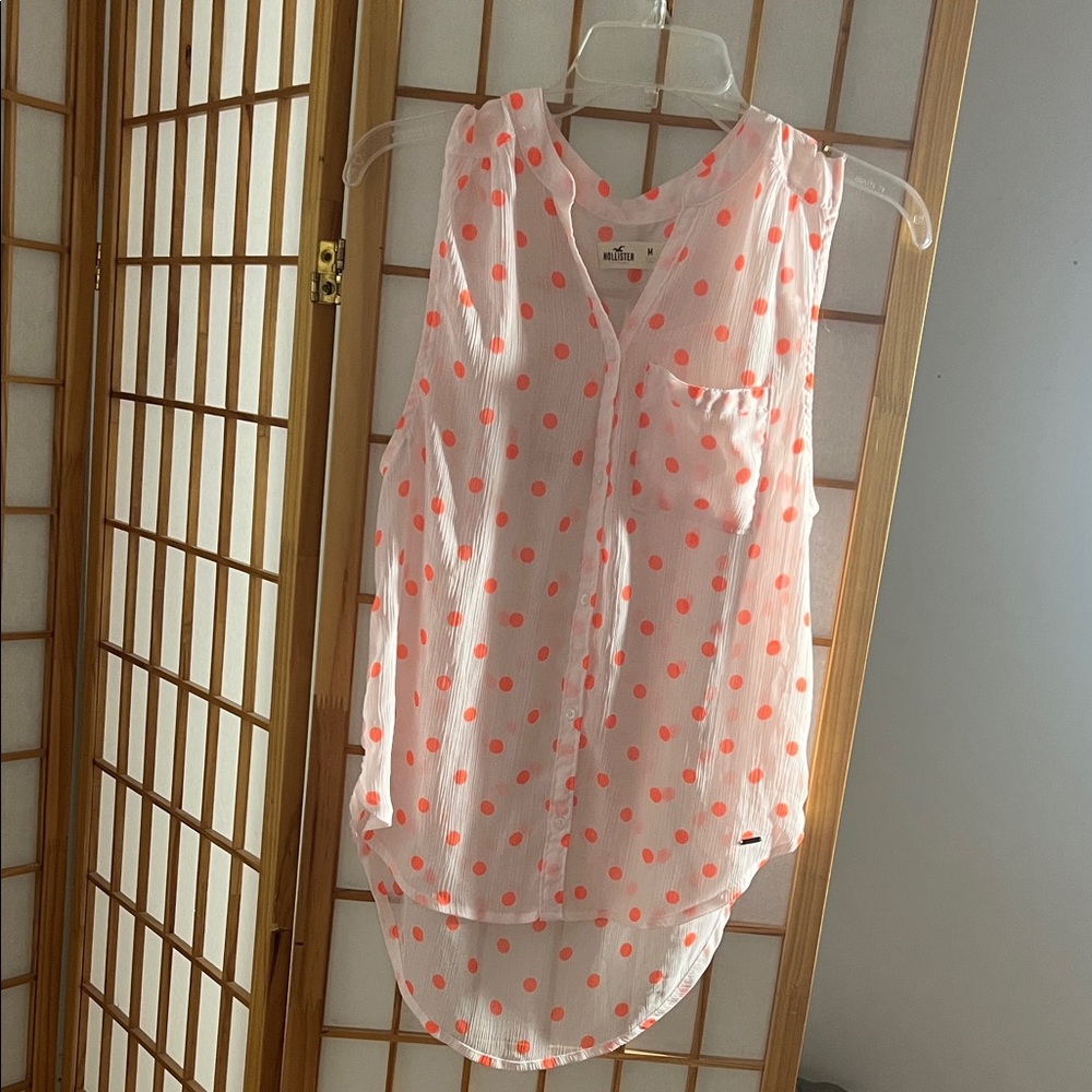 Hollister White Sleeveless Top with Pink Polka Dots Medium M